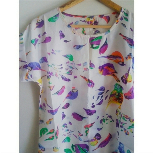 Colorful Sparrow Bird Chiffon Top Shirt Blouse - Picture 4 of 5